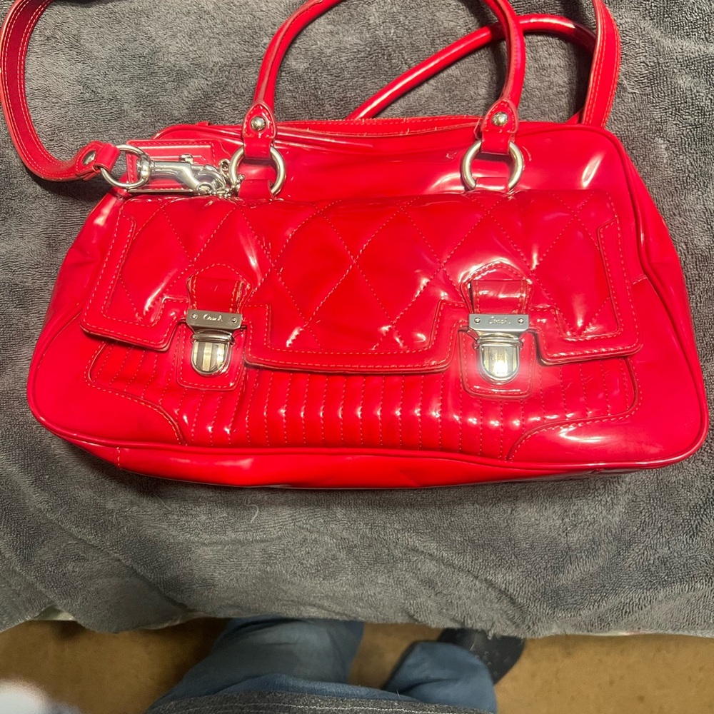 CoachGlossy Red Shoulder Bag with Metal Hardware